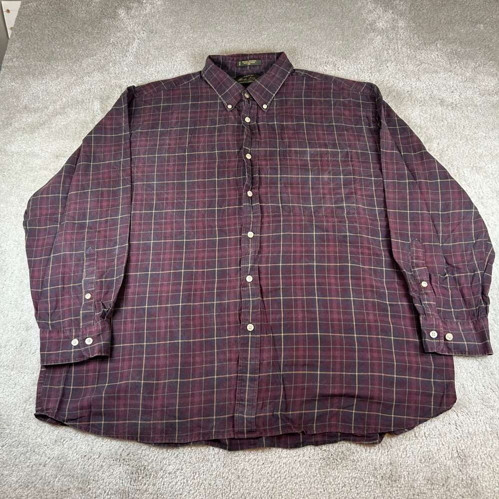 Orvis Button Down Shirt Mens XXL Burgundy Plaid Silk Wool Signature Collection